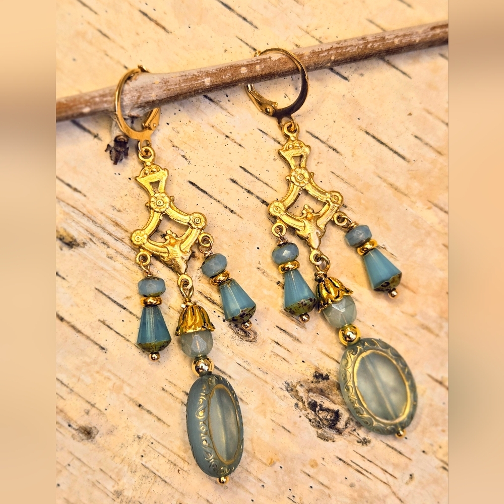 Victorian Aqua Blue Glass In Gold Plated Chandelier Art Deco Earrings